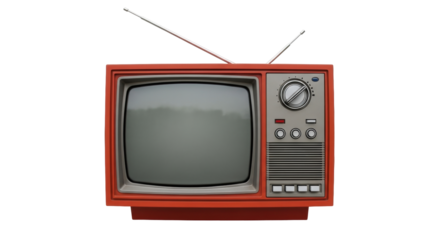 Isolated analog retro television with antenna on plain backdrop in bright orange and gray