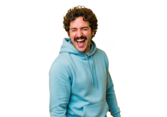 Laughing man with moustache in blue hoodie stock photo, curly hair, joyful expression, isolated on transparent background
