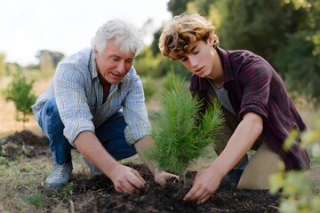 Fototapeta premium Elderly man and teenage boy plant trees together in nature Generative AI