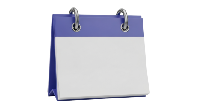 Isolated desktop flip calendar with binder rings, purple color scheme, stationery, office