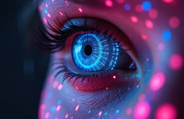 Human eye displays glowing blue binary code overlay. Futuristic face illuminated by vibrant pink and blue bokeh dots. Concept of digital transformation and cybernetic enhancement.
