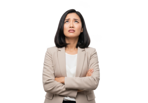 Worried businesswoman looking upwards with arms crossed, depicting concern and uncertainty, png image isolated on transparent background