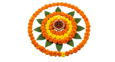 Beautiful floral rangoli design with marigold flowers, green leaves, and diya lamp isolated on transparent background, perfect for Diwali festive decoration.