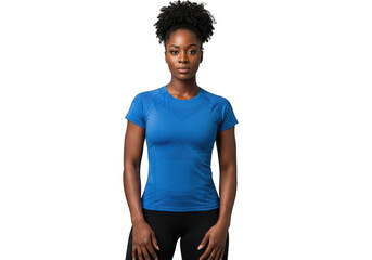 Full body shot of african american woman in blue shirt and black leggings standing isolated on transparent background