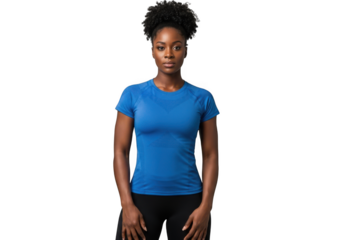 Full body shot of african american woman in blue shirt and black leggings standing isolated on transparent background