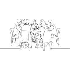 Group of people meeting around table, line art illustration