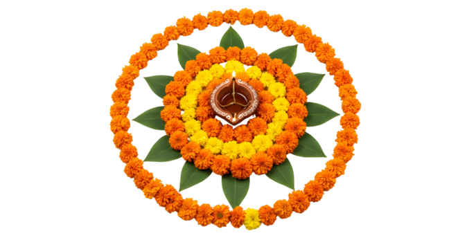 Beautiful floral rangoli design with marigold flowers, green leaves, and diya lamp isolated on transparent background, perfect for Diwali festive decoration.