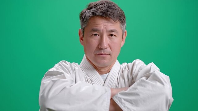 Karate Master's Calm Demeanor: A focused karate master stands resolute, radiating an air of discipline, strength, and expertise, showcasing the essence of martial arts prowess.