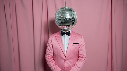 Elegant Pink Suit with Disco Ball Head Unique Concept for Party and Celebration Photography