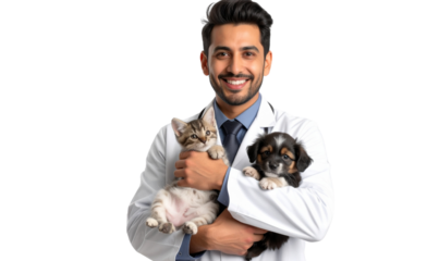 Transparent Background, PNG Smiling Veterinarian Holding Puppy and Kitten Together