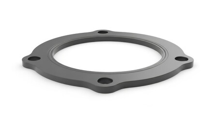 Close-up of a dark gray industrial metal gasket with bolt holes on a plain backdrop white background
