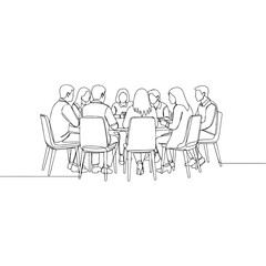 Group of people seated around table in continuous line art