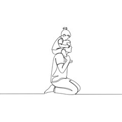 Father carrying daughter on shoulders, line art on white background