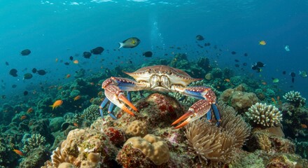 Fototapeta premium Majestic blue crab perched atop vibrant coral reef surrounded by schools of fish underwater scenery