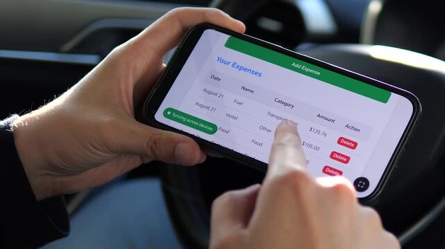 A traveler reviews his trip budget on a finance app while sitting in his parked car. This realistic scene illustrates financial planning, money management on the go, and the modern digital nomad