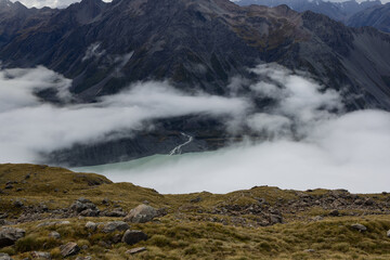 Meuller Lake Seen from the Mueller Hut in Aoraki / Mt. Cook National Park in New Zealand
