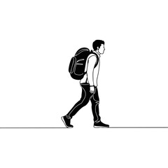 Fototapeta premium Man walking with backpack on white background, side view
