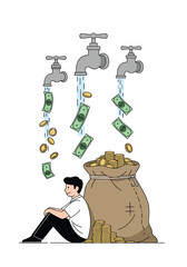A man sits near a large bag of coins and cash while money flows from faucets above.