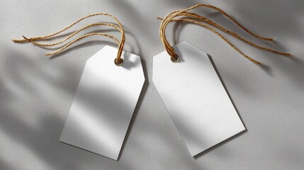 Blank white tags with twine on textured gray surface