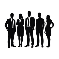 Black and white silhouette illustration of five business professionals standing in a row with minimalist corporate style