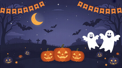 Enchanting Halloween Night Scene with Pumpkins Ghosts and Bats under the Moonlight Spooky Holiday Vector Illustration