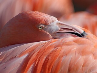 Flamingo in profile with soft pink plumage under warm light