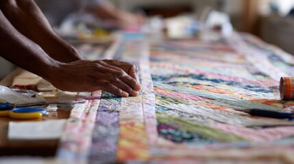 Naklejka premium Hands crafting a colorful patchwork quilt in a creative sewing workshop