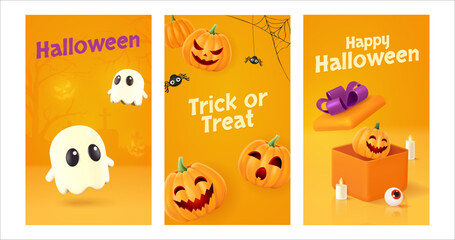 Halloween banner template set with 3d ghost, Jack O Lantern pumpkin, spiders and 3d gift box. Greeting card for party and sale.