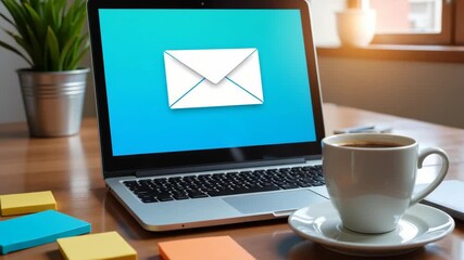 Laptop displaying email interface with coffee cup on desk   - Powered by Adobe