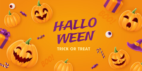 Halloween background with  Jack O Lantern carved pumpkins. Greeting card for party and sale.