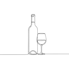 Wine bottle and glass drawn with single continuous line on white