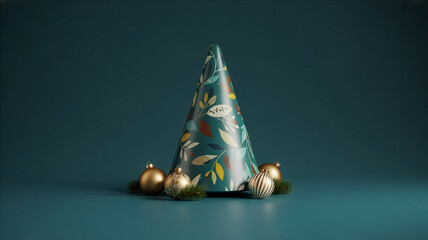 Festive Holiday Still Life with Decorated Party Hat and Golden Ornaments on Teal Background Perfect for Celebrations