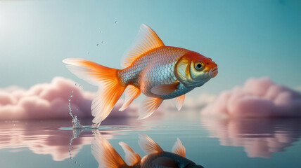 Goldfish Leaping Above Water Reflecting Sky and Clouds in Dreamlike Fantasy Setting with Serene Atmosphere