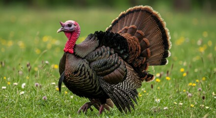 Majestic Wild Turkey Strutting Through a Vibrant Meadow on a Sunny Day