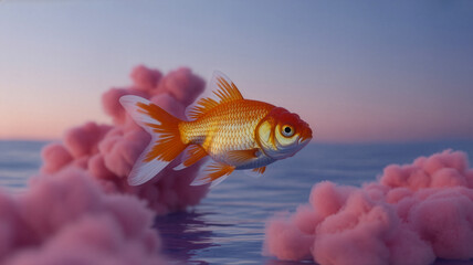 Goldfish swimming in a dreamlike ocean with pink clouds surreal and ethereal underwater scene serene and colorful