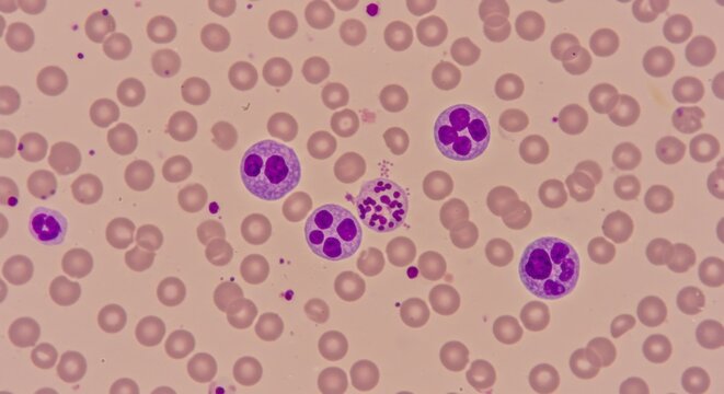 Microscopic blood smear displaying human neutrophils against red blood cells background