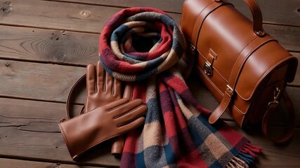 Cozy plaid scarf, leather gloves, and brown bag on wooden table - Powered by Adobe