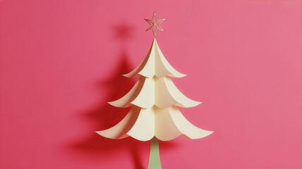 Minimalist Paper Christmas Tree on Pink Background Festive Holiday Season Design Christmas Card Template Holiday Celebration