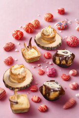 Assortment of sweet pastries and candies on a pink background
