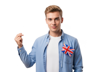 Young man with british flag, patriotic symbolism, blond hair, blue shirt, isolated portrait, gesture isolated on transparent background