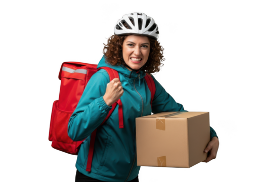 Energetic female delivery courier with red backpack and cardboard box wearing helmet delivering package, expressing determination isolated on transparent background