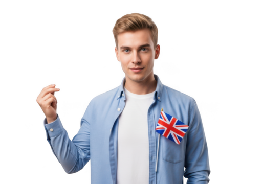 Young man with british flag, patriotic symbolism, blond hair, blue shirt, isolated portrait, gesture isolated on transparent background