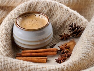 Warm cup of coffee with cinnamon sticks and star anise on a knit blanket