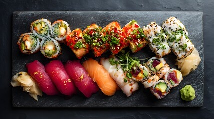Delicious assortment of fresh sushi and sashimi arranged beautifully on a dark, slate-like platter, featuring various rolls, nigiri, and garnishes, showcasing colorful ingredients and textures in a...