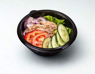 Fresh tuna salad with vegetables in a black takeout bowl
