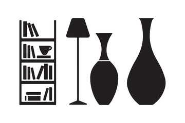 Silhouette of a bookshelf lamp and decorative vases