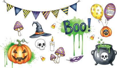 Watercolor halloween elements featuring pumpkin cauldron skull and witch accessories