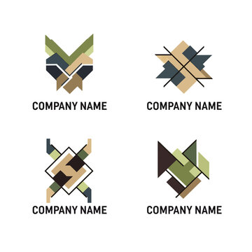 Four abstract geometric logos with camouflage patterns and company name placeholders.