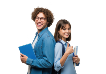 Smiling college students man and woman back to back holding books and giving thumbs up gesture isolated on transparent background
