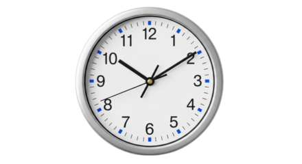 Isolated clock on a wall showing 10 past 2 showing time and minutes with silver frame